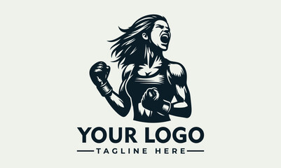 A fierce female boxer with clenched fists and open mouth, ready to fight.