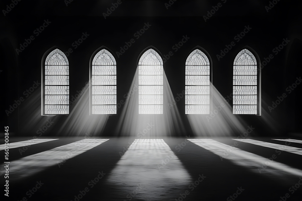 Poster sunlight streams into a room through arched windows, creating stark shadows on the floor, illuminati