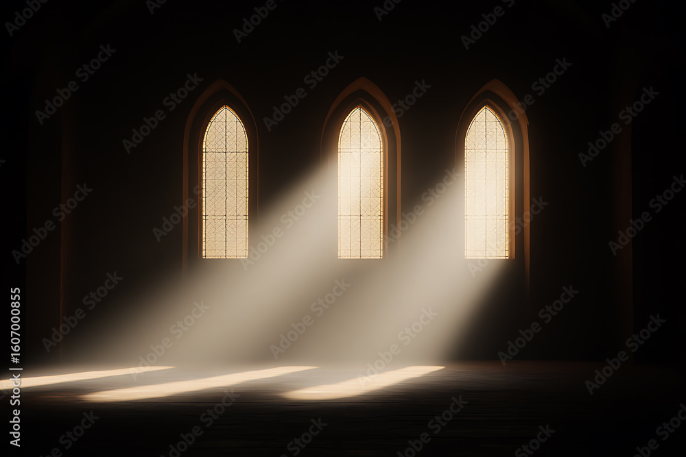 Poster three arched windows cast beams of light into a dim, spacious room. dust or mist is illuminated by t