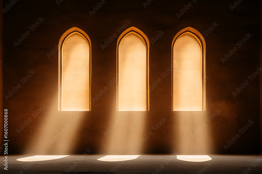Poster three archways glow with sunlight, casting beams on the floor. architecture and luminescence create 