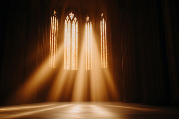 Rays of light stream through large arched windows illuminating a spacious interior, creating a dramatic and serene atmosphere. Light and shadow interplay.