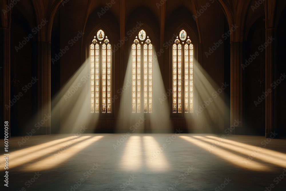 Poster light streams through gothic windows, illuminating an empty hall. the golden rays create a serene at