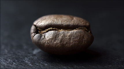 A macro shot of roasted coffee beans with textured details on a dark slate background.