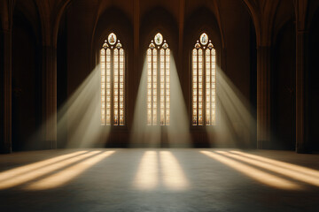Light streams through gothic windows, illuminating an empty hall. The golden rays create a serene atmosphere in the grand, cavernous space.