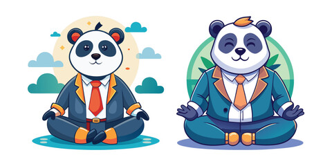 Calm Panda Boss Meditating Before Work Vector Illustration for Relaxation, Mindfulness, Stress Relief, Business Leadership, and Corporate Wellness Design
