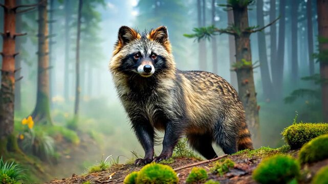 Mystical Forest Encounter A Raccoon Dog in the Misty Woods