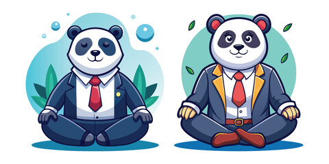 Calm Panda Boss Meditating Before Work Vector Illustration for Relaxation, Mindfulness, Stress Relief, Business Leadership, and Corporate Wellness Design