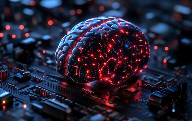 Artificial intelligence brain connected to a logic board, glowing digital pathways, representing AI processing and cognitive functions, futuristic design, modern technology