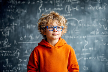 Curious young student in front of a chalkboard filled with mathematical equations