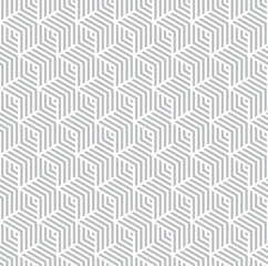 Seamless geometric pattern of repeatinghexagon,  outlined diamonds and chevron shapes in gray on a white background.