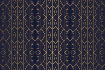 Fototapeta premium Elegant art deco seamless pattern with overlapping golden curved lines on a deep navy background.