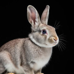 Obraz premium Charming Rabbit Portrait: A detailed studio portrait features a soft, fluffy rabbit with captivating eyes, posing against a dark, minimalist backdrop, ready to showcase the rabbit's beauty.