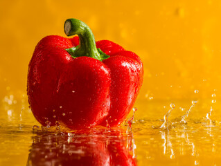 Fresh red bell pepper with water splash and vibrant yellow background