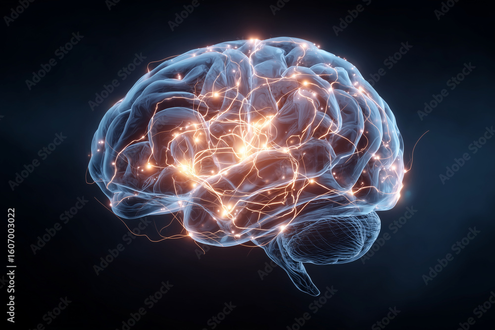 Poster a brain with many lines and dots surrounding it
