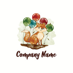 Adorable Watercolor Fox logo with Balloons, Festive, Childlike, Joyful Illustration