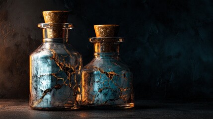 Two antique glass bottles with cracked blue-gold glaze and cork lids, placed on a dark background, in a fantasy art style.