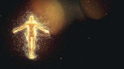 Glowing ethereal human figure rising in golden light, symbolizing spiritual awakening and ascension, consciousness expansion, and divine energy, AI generated