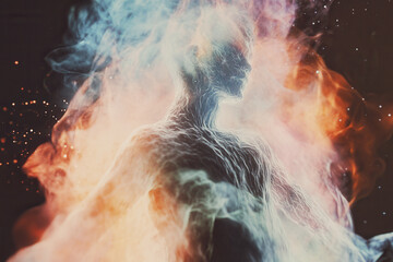 Obraz premium Surreal glowing figure dissolving into cosmic energy field, symbolizing transformation, consciousness, and the connection between self and universe, AI generated