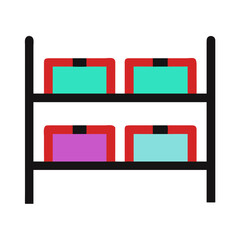 shelves with colorful drawers displaying various products on a purple background