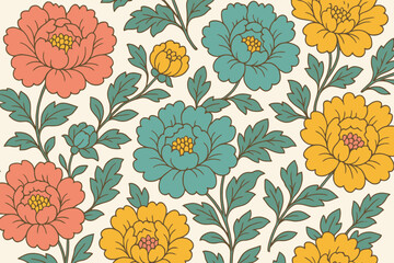 Vibrant floral pattern with blooming peonies in coral teal and yellow
