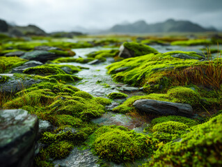 Lush moss-covered rocks and stream in a serene natural landscape