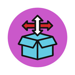 open box with arrows indicating movement and expansion on a purple background