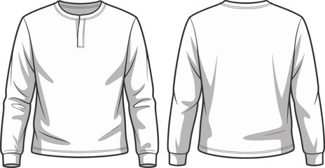 Long sleeve shirt, front and back view, fashion CAD drawing, technical sketch, sewing pattern, garment template, vector illustration, clothing design