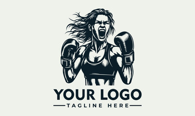 A powerful illustration of a female boxer yelling, ready to fight.