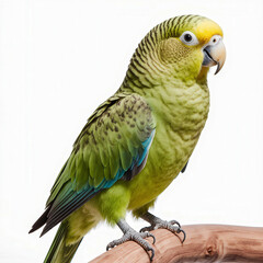 Obraz premium Charming Parrot Portrait: A vibrant parrot, with a blend of vivid green and yellow feathers, perches elegantly, displaying its exotic beauty and captivating presence.