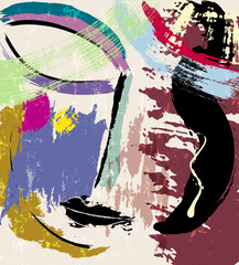 abstract colorful background, illustration with lines, waves, circles, paint strokes and splashes, face or mask