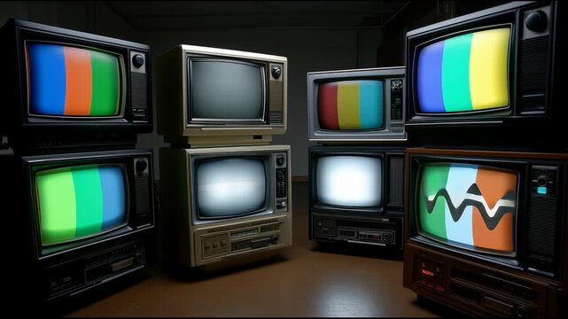Vintage television retro screen with colorful test pattern, analog technology, nostalgic mood, classic electronics, stacked display, dark room, creative composition, vintage style, abstract pattern