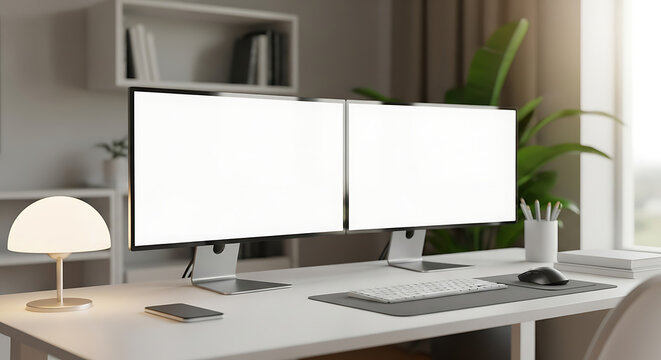 Modern Home Office Setup with Dual Monitors and Clean White Templates on Desk