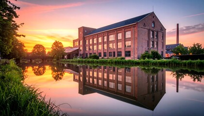 Old factory reflected in calm water at dawn