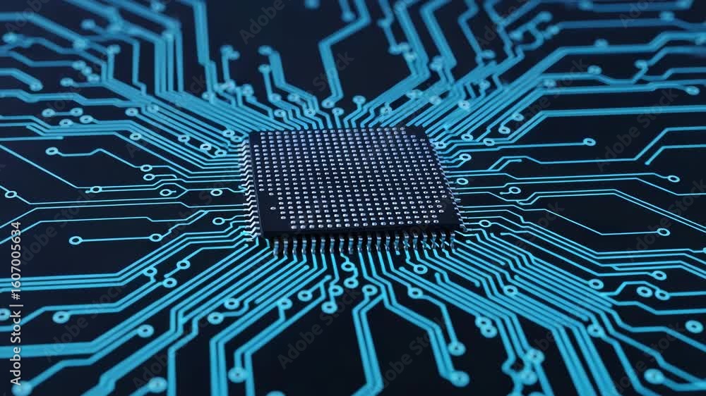 Poster a closeup view of a central processing unit cpu on a vibrant blue circuit board, showcasing intricat