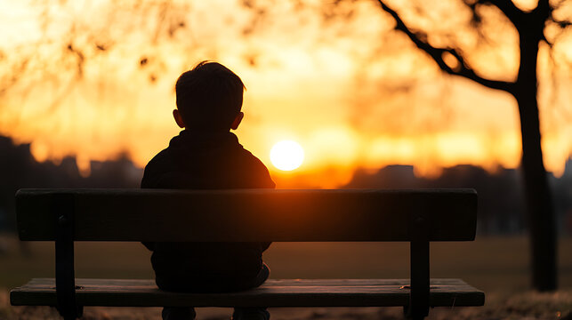 Silhouette of a child sitting on a bench, gazing at the golden sunset. Peaceful solitude and contemplation in nature.
