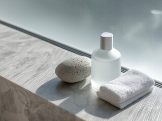 Minimalist Spa Setup with Towel, Lotion Bottle, and Natural Stone