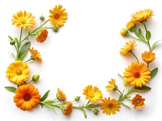 Calendula flowers form a semi circular frame on a white background