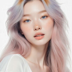 Mystical Beauty: A captivating portrait of a woman with dreamy eyes and captivating gaze, surrounded by long, colorful hair, the very essence of beauty and serenity.