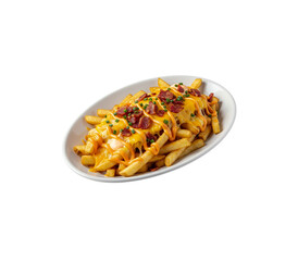 Loaded fries isolated on white background.