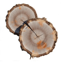 Wood Cross-Section: A detailed view showcases the intricate grain and texture of two sawn wood cross-sections, each revealing the unique history of a tree.