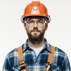Builder's Profile: Portrait of a focused constructor wearing a safety helmet, protective glasses, and a harness, reflecting dedication to his craft.