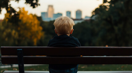 A young child sits alone on a park bench, contemplating the city skyline in the distance, creating a peaceful and reflective scene.