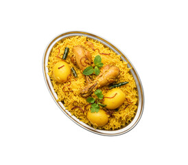 Chicken biryani with aloo isolated on white background.