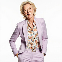 Joyful Woman: A woman with short hair and a light suit and floral blouse radiates with genuine happiness, presenting a vibrant display of positive energy and infectious laughter. 