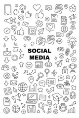 Hand drawn social media icon set including like, chat, camera, email, arrows, and internet symbols in doodle style