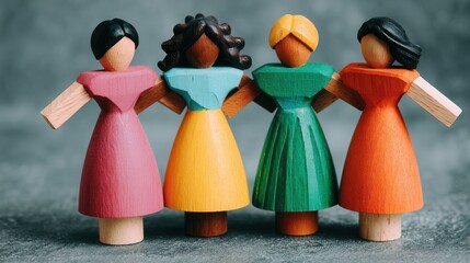 Diverse wooden figurines symbolizing unity friendship