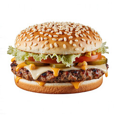 Burger Bliss: A mouthwatering burger, expertly crafted with a juicy patty, fresh vegetables, and melted cheese, all nestled between sesame seed buns. A delicious food photo.