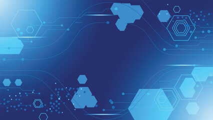 Abstract blue background with geometric hexagon shapes and flowing lines suggesting tech connections.