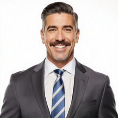 Smiling Executive: A sophisticated executive, radiating confidence and approachability, dons a classic suit and tie, projecting a polished image of business acumen and leadership.