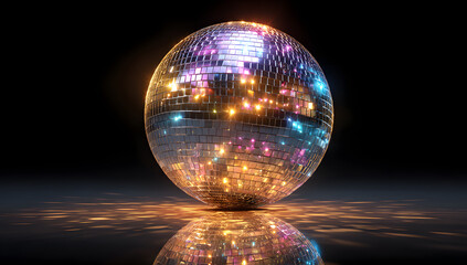 Glowing mirror entertainment disco ball isolated on black background.